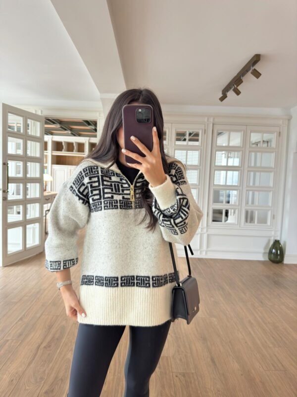 Gold Zippered Black Patterned Ecru Knitwear