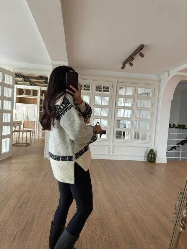Gold Zippered Black Patterned Ecru Knitwear