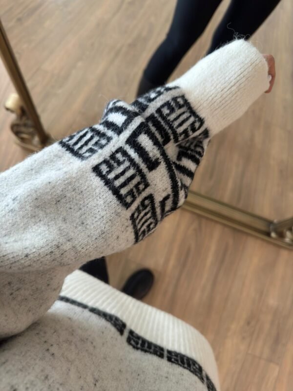 Gold Zippered Black Patterned Ecru Knitwear
