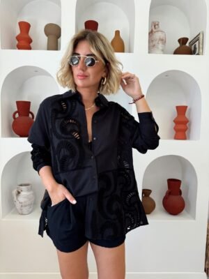 100% Cotton Embroidered Black Shirt