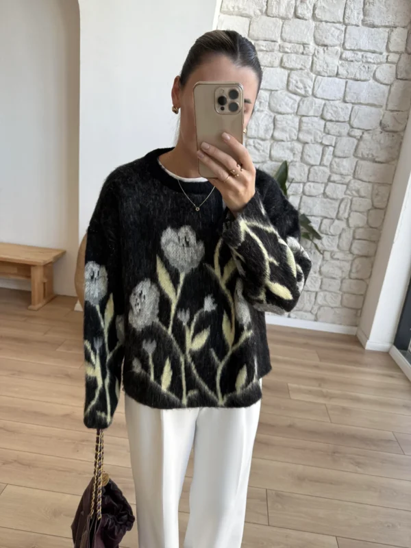 Floral Patterned Furry Sweater