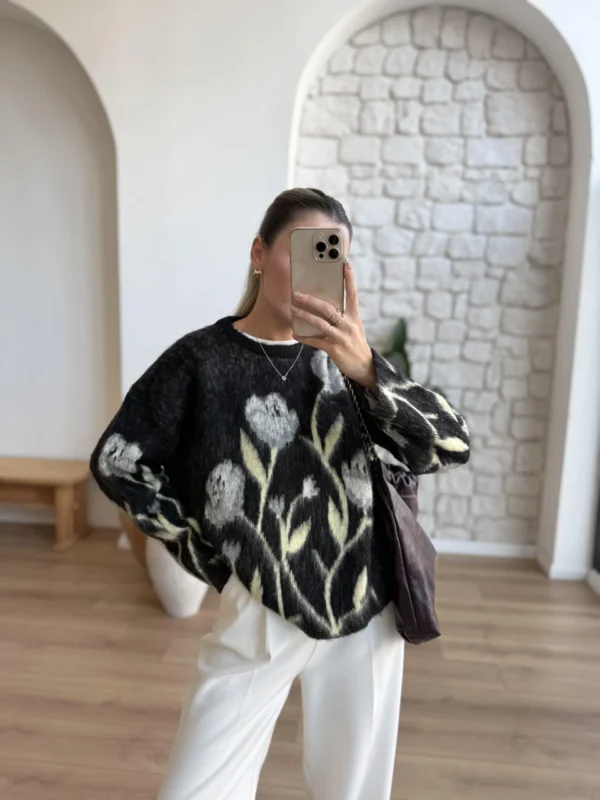 Floral Patterned Furry Sweater