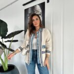 Navy Blue Striped Denim Detailed Jacket