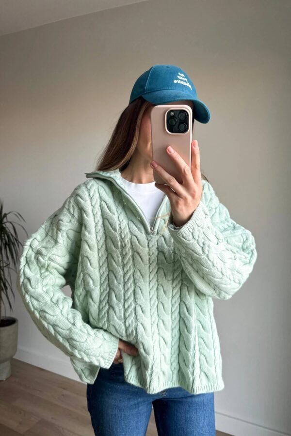 Aqua Green Zip-Up Cable Knit  pullover
