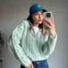 Aqua Green Zip-Up Cable Knit  pullover