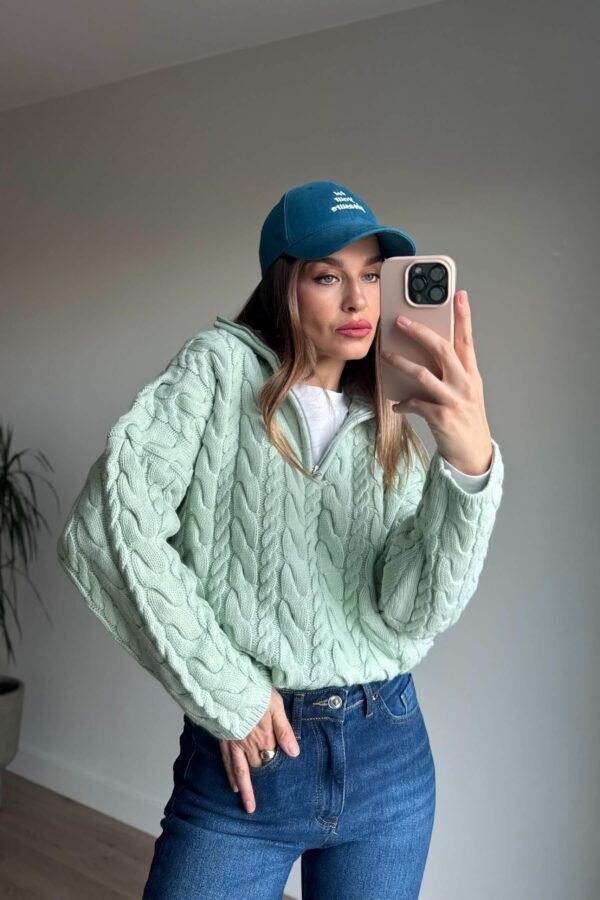 Aqua Green Zip-Up Cable Knit  pullover