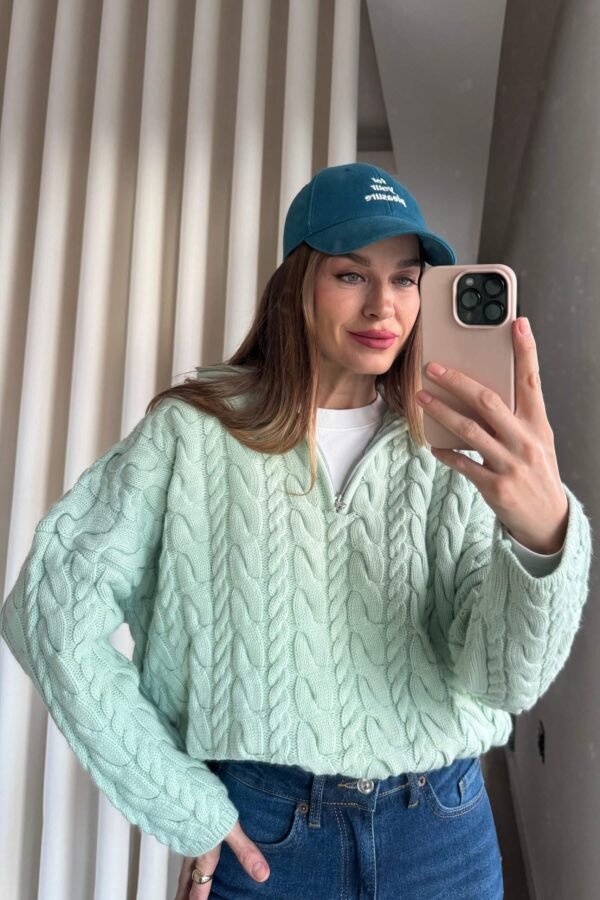 Aqua Green Zip-Up Cable Knit  pullover