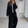 Navy Blue Shirt Detail Knitted Jacket and Trousers Set
