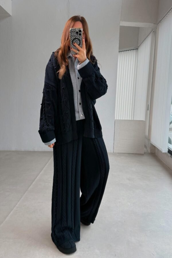 Navy Blue Shirt Detail Knitted Jacket and Trousers Set