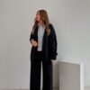Navy Blue Shirt Detail Knitted Jacket and Trousers Set