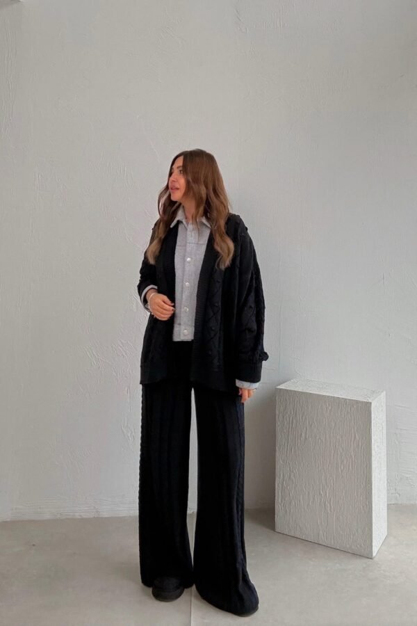 Navy Blue Shirt Detail Knitted Jacket and Trousers Set