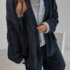 Navy Blue Shirt Detail Knitted Jacket and Trousers Set