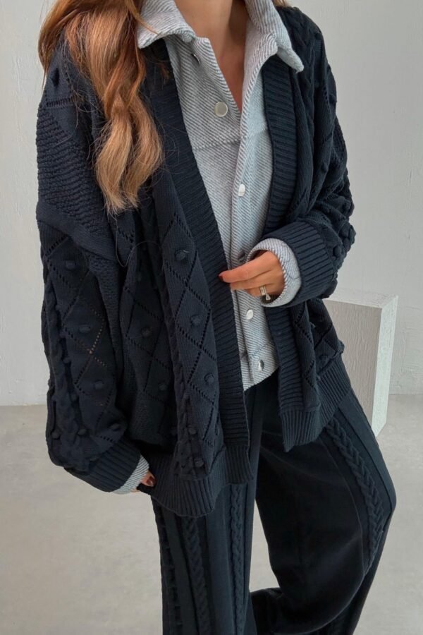 Navy Blue Shirt Detail Knitted Jacket and Trousers Set
