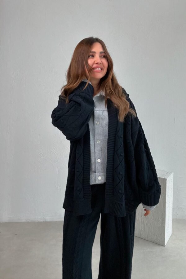 Navy Blue Shirt Detail Knitted Jacket and Trousers Set