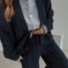 Navy Blue Shirt Detail Knitted Jacket and Trousers Set