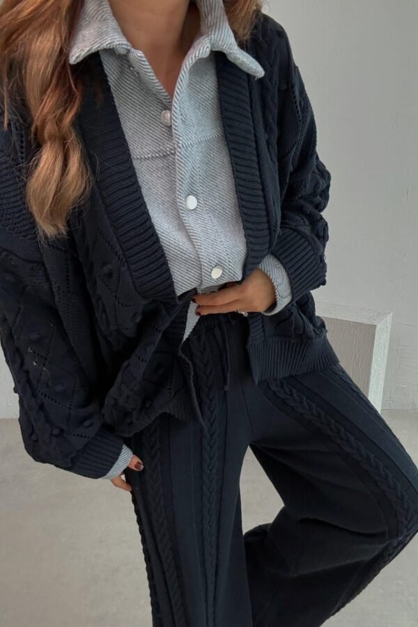 Navy Blue Shirt Detail Knitted Jacket and Trousers Set