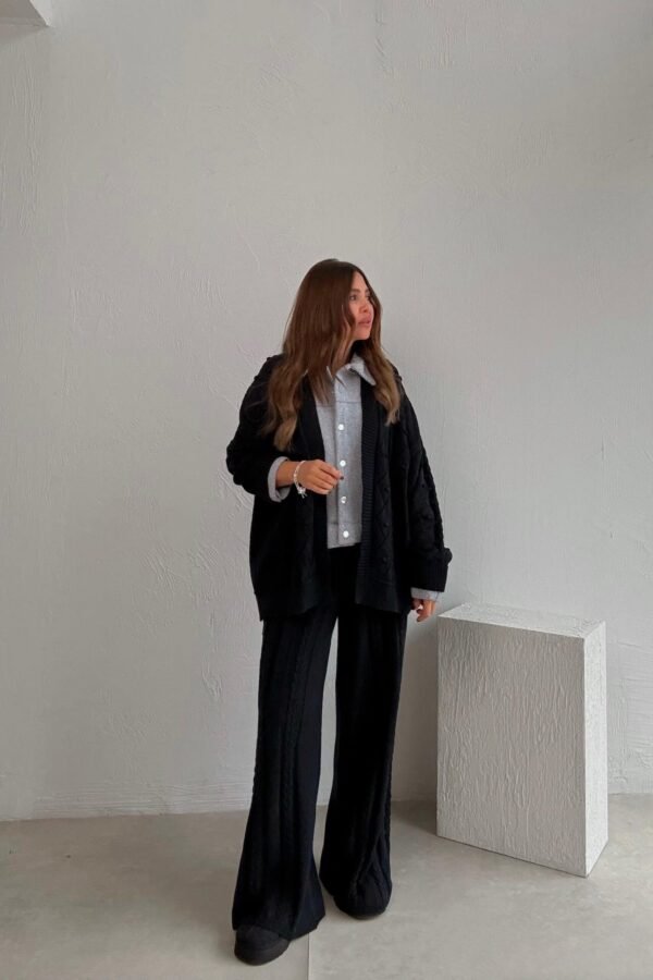 Navy Blue Shirt Detail Knitted Jacket and Trousers Set