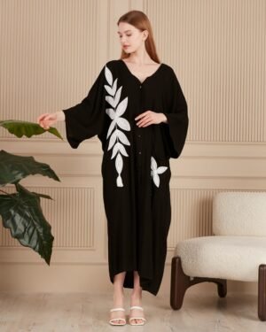 1000025644 Embroidered Viscose Dress Black White Patterned