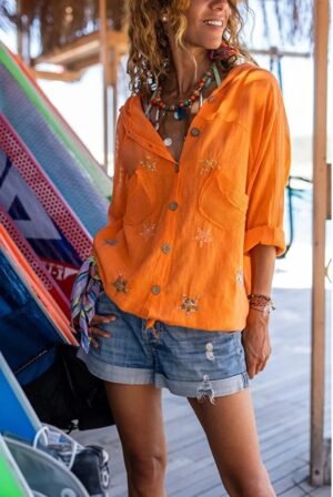 D Orange Linen Blouse for Women