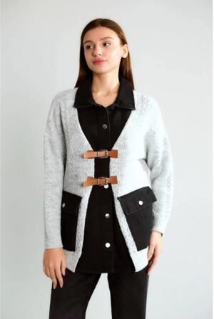 Untitled Gray Textured Knit Cardigan with Pocket Details