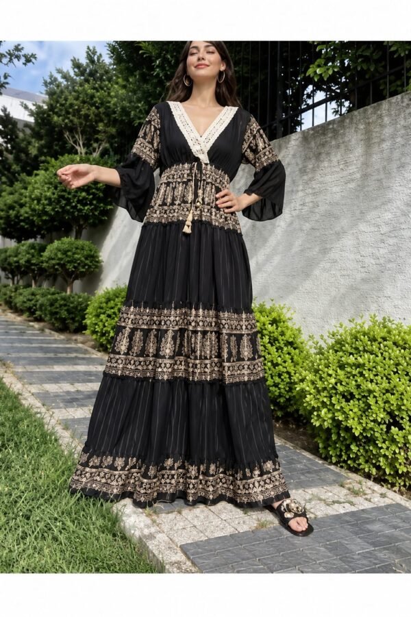 Elegant Patterned Maxi Dress with Flared Sleeves