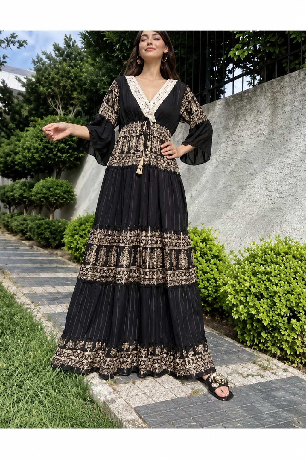 Elegant Patterned Maxi Dress with Flared Sleeves