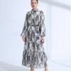 Black White Patterned Belted Long Dress