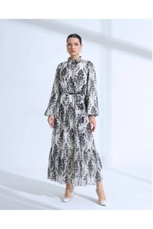 Black White Patterned Belted Long Dress