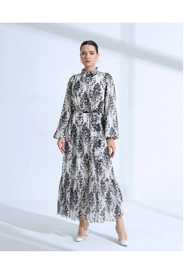 Black White Patterned Belted Long Dress