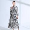 Black White Patterned Belted Long Dress