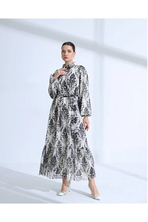 Black White Patterned Belted Long Dress