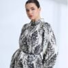 Black White Patterned Belted Long Dress