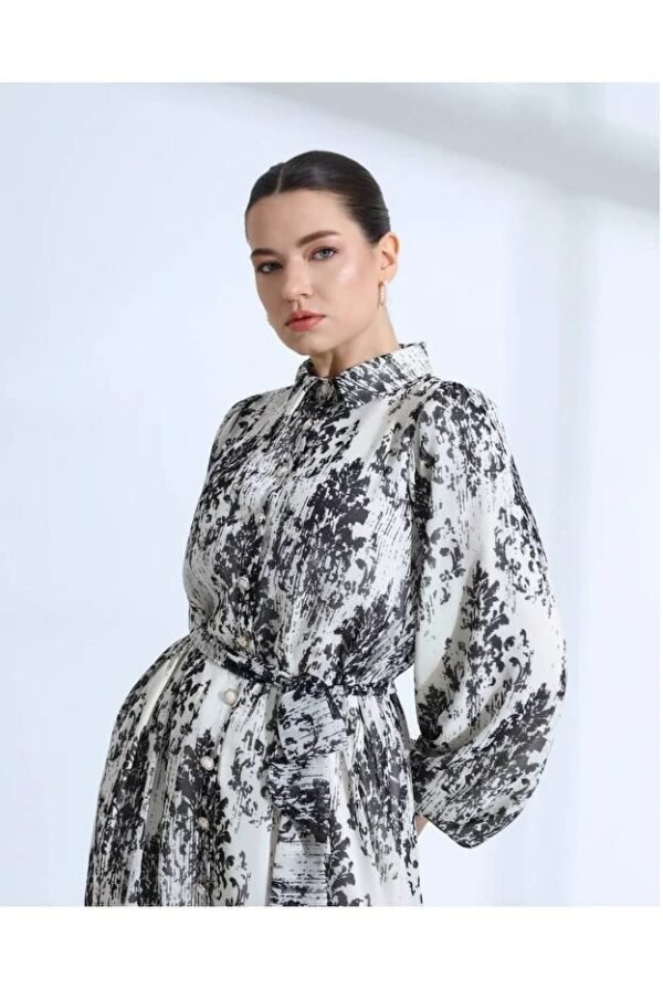 Black White Patterned Belted Long Dress