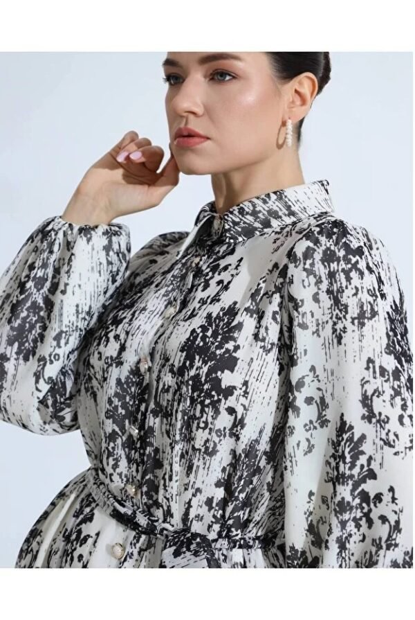Black White Patterned Belted Long Dress