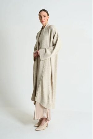 Women Beige Shawl Collar Long Knitwear Cardigan