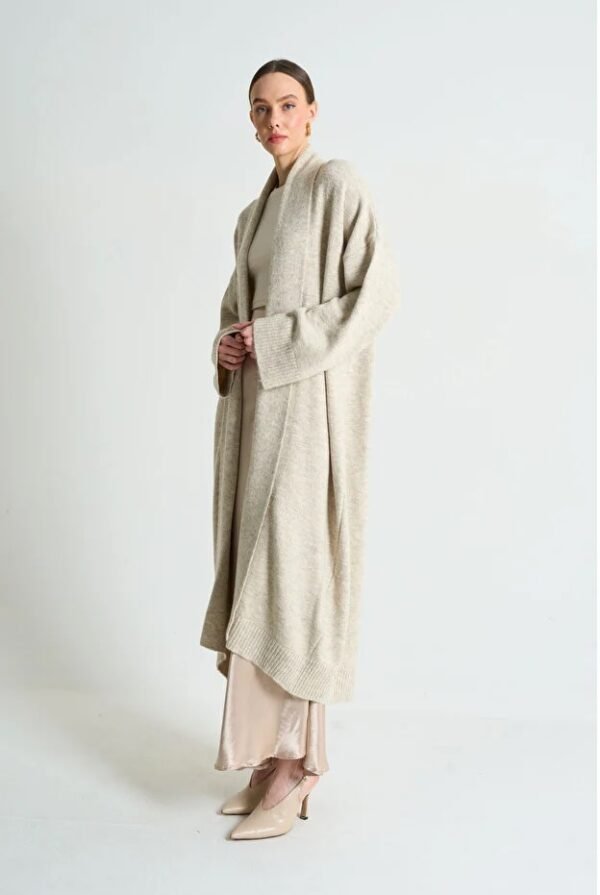 Women Beige Shawl Collar Long Knitwear Cardigan