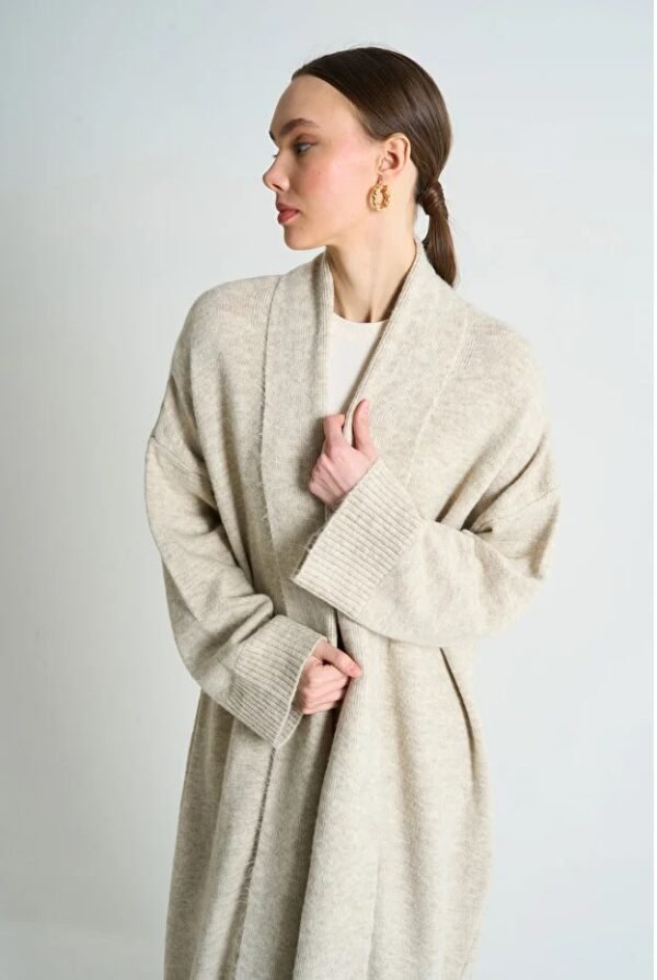 Women Beige Shawl Collar Long Knitwear Cardigan
