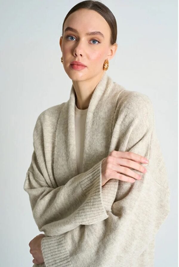 Women Beige Shawl Collar Long Knitwear Cardigan