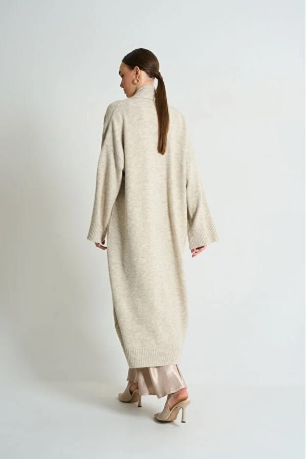 Women Beige Shawl Collar Long Knitwear Cardigan