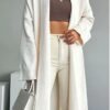 Women Cream Shawl Collar Long Knitwear Cardigan