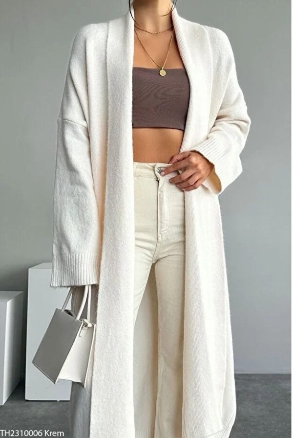 Women Cream Shawl Collar Long Knitwear Cardigan