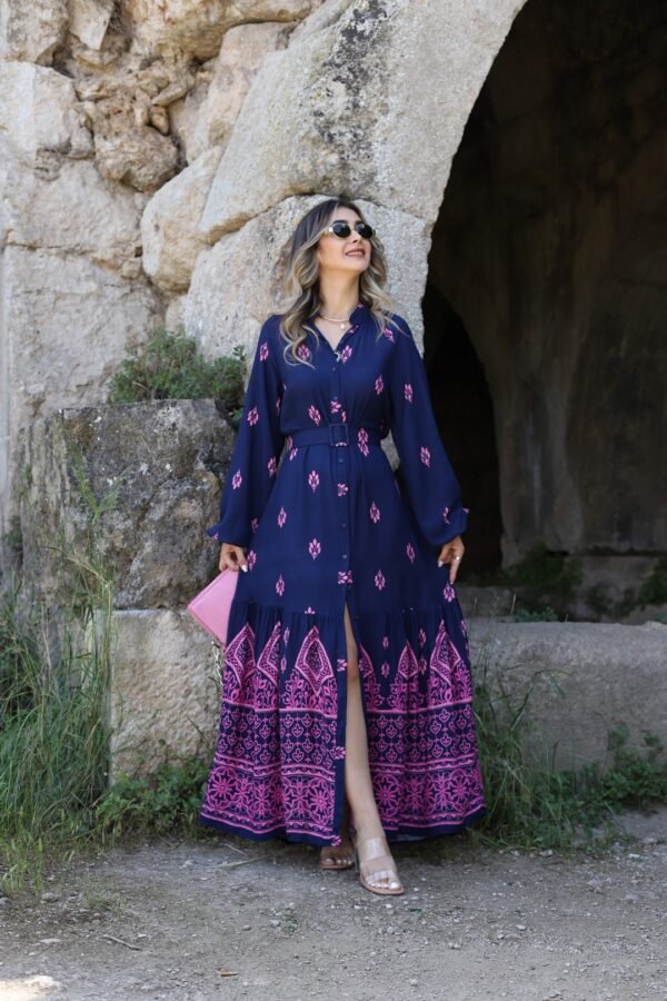 Navy Blue Pink Pattern Contrast Dress