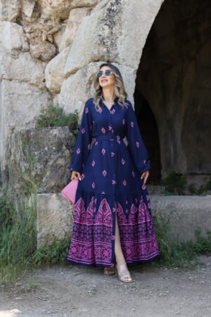 Navy Blue Pink Pattern Contrast Dress