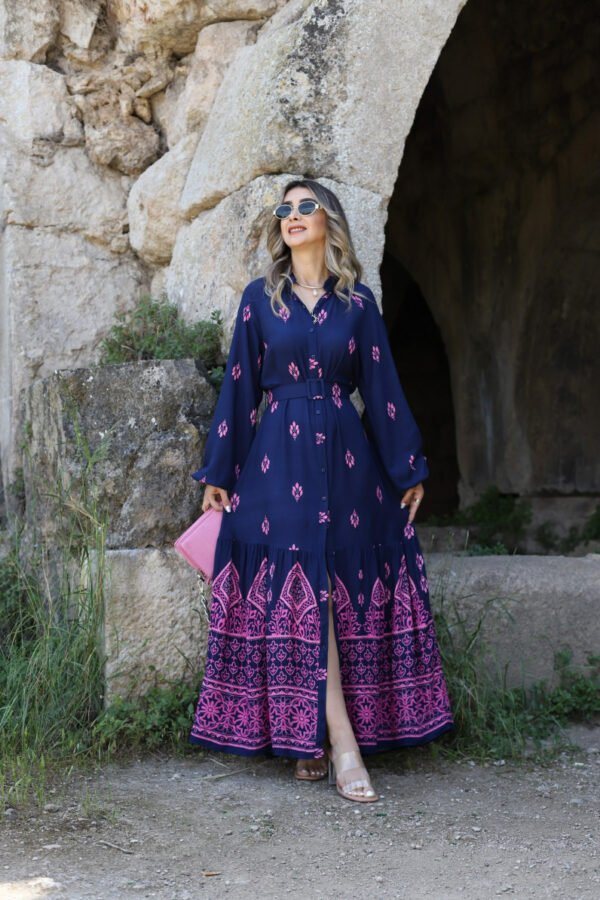Navy Blue Pink Pattern Contrast Dress