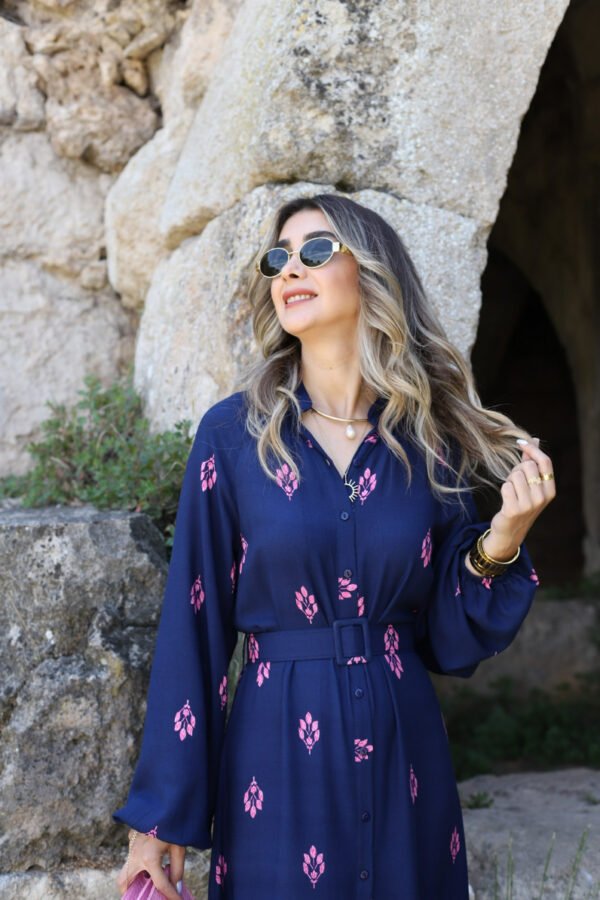 Navy Blue Pink Pattern Contrast Dress