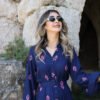 Navy Blue Pink Pattern Contrast Dress