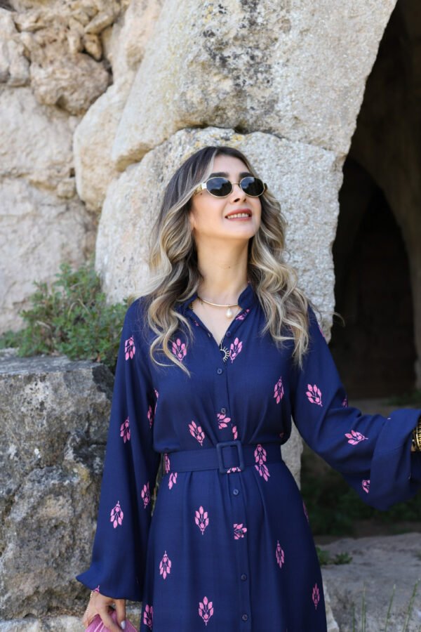 Navy Blue Pink Pattern Contrast Dress