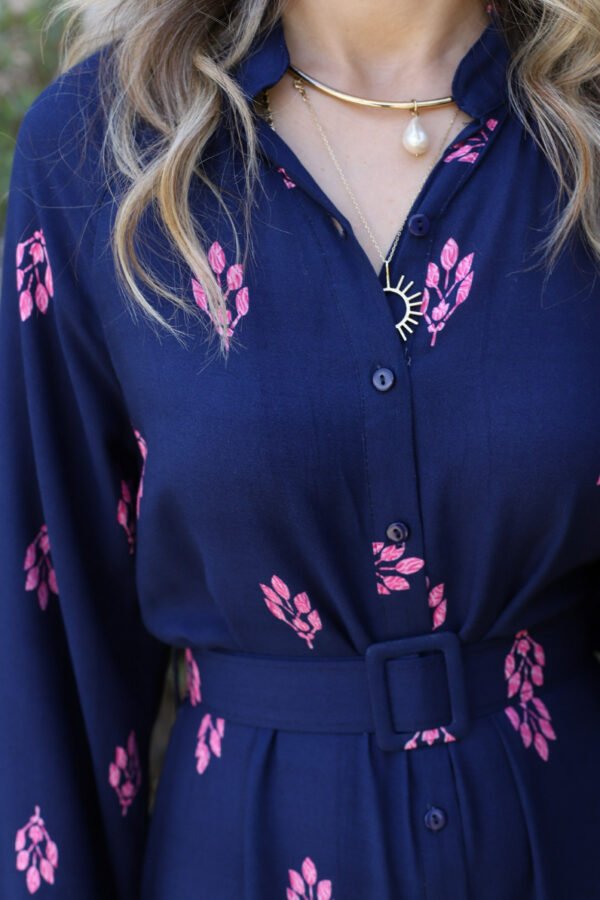 Navy Blue Pink Pattern Contrast Dress