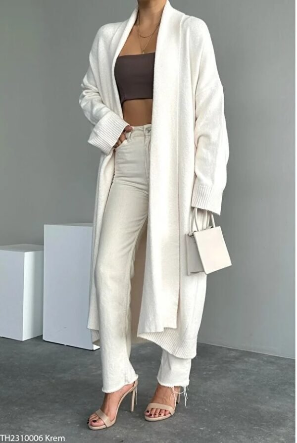 Women Cream Shawl Collar Long Knitwear Cardigan
