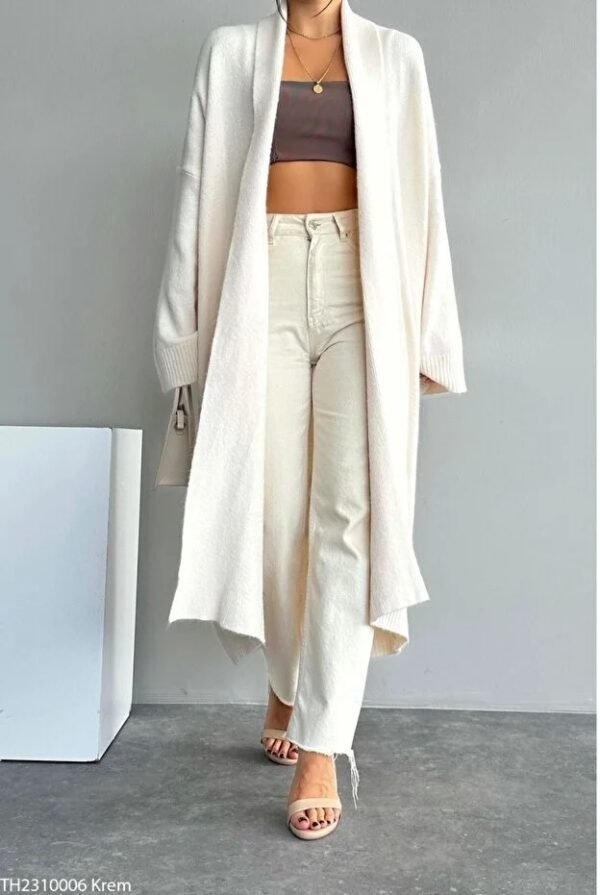 Women Cream Shawl Collar Long Knitwear Cardigan